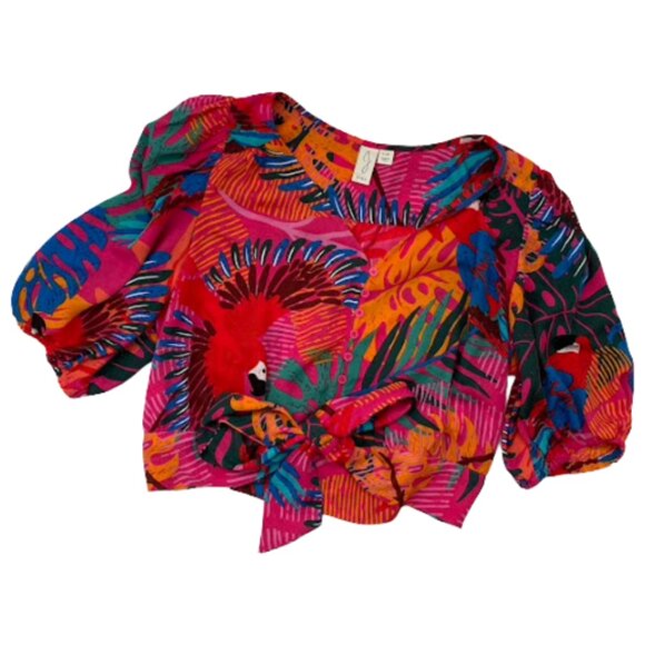 Joie Cropped Blouse Tropical Button up Vibrant Parrots Print Pink Red Green - Picture 1 of 9